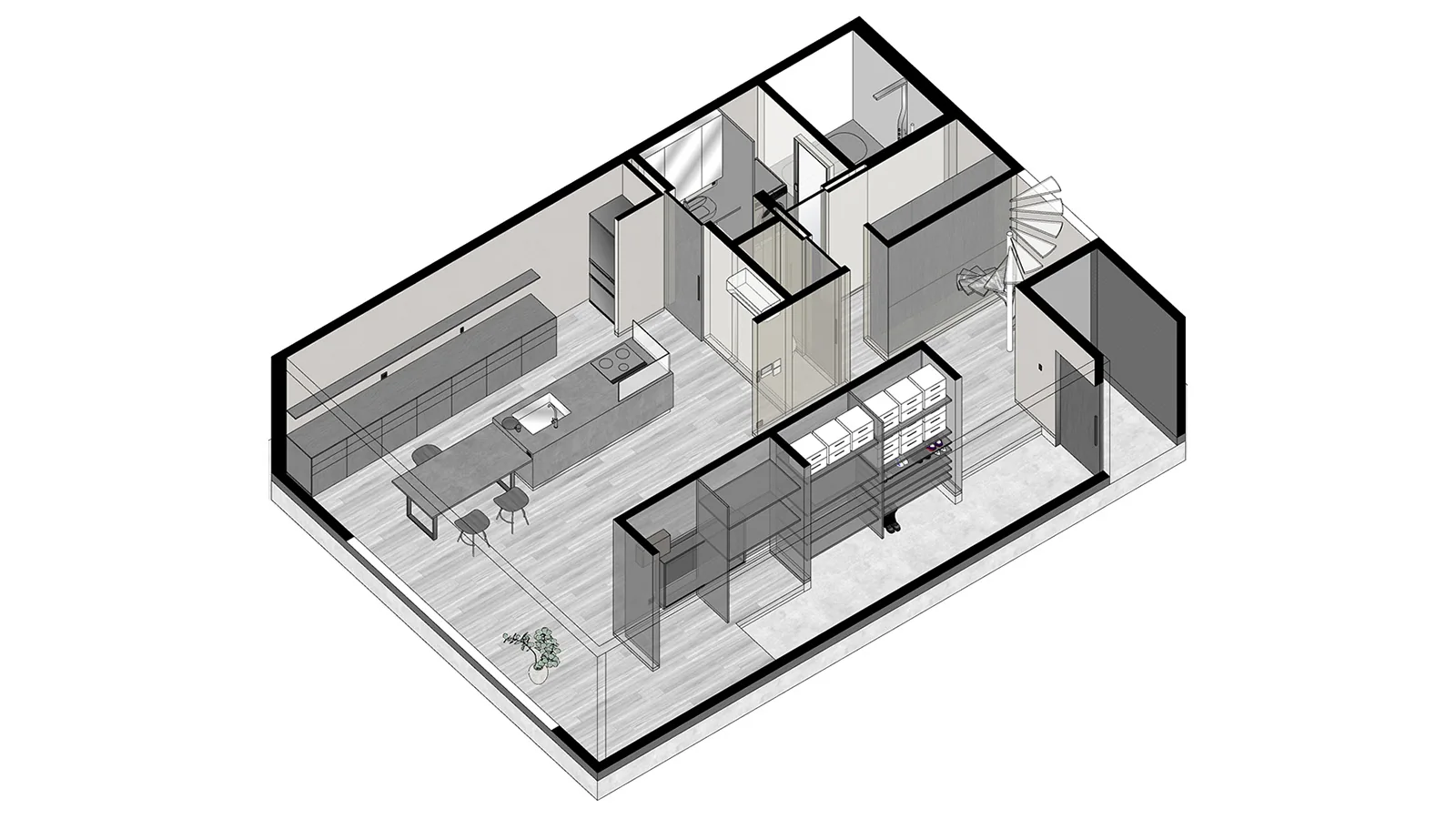 Pattで制作した住宅の3Dデータ。天井を外したアイソメ図で、キッチン・水回り・収納の配置と動線が一目で分かる